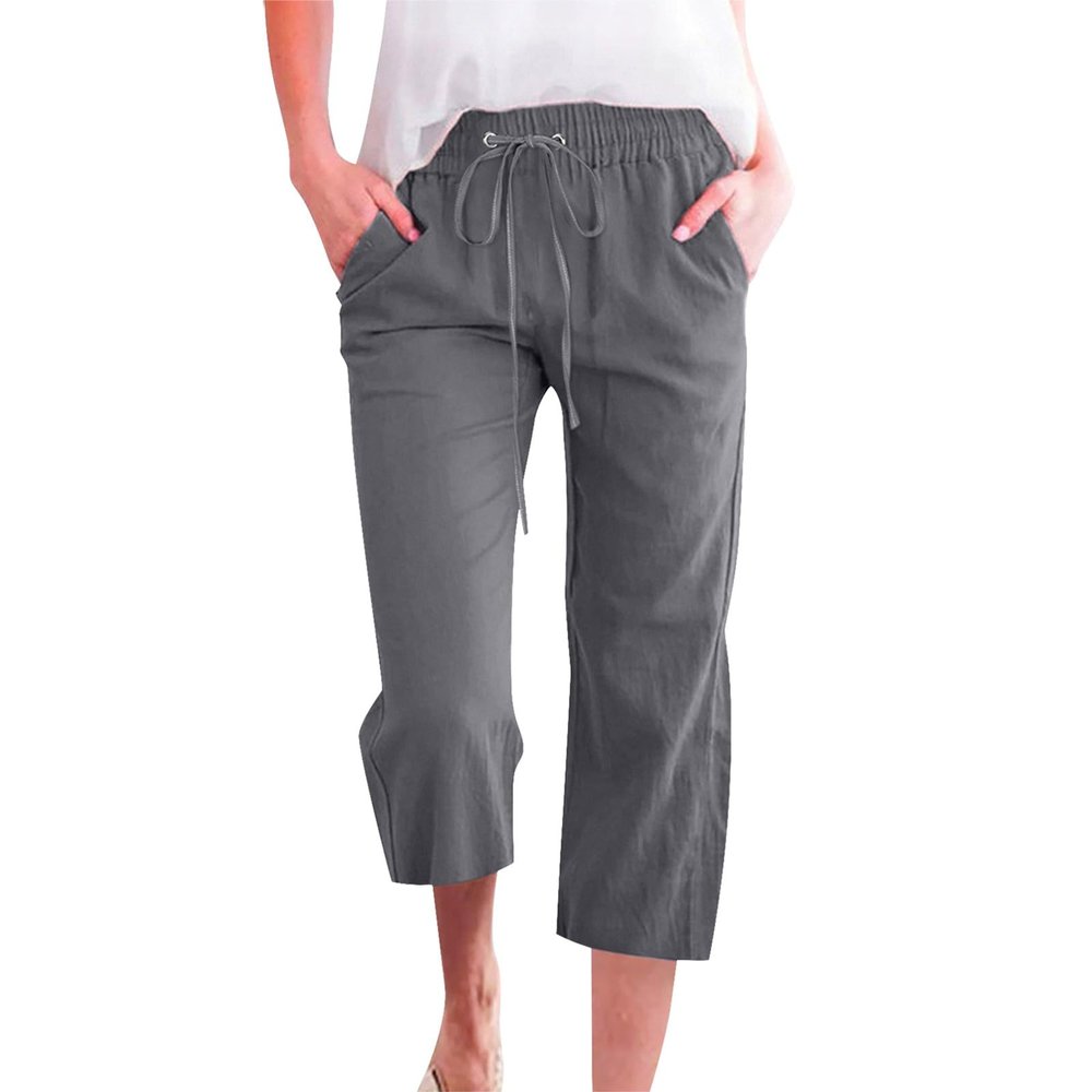 QWENTMTNTY Plus Size Capris Pants for Women Cotton Linen Wide Leg Casual Summer Comfy High Waisted Loose Crop Pants Pockets