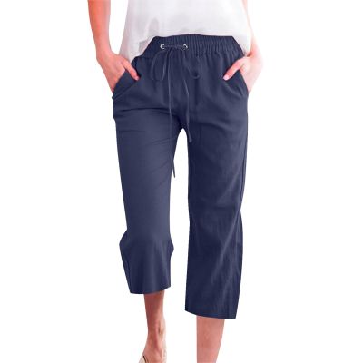 QWENTMTNTY Plus Size Capris Pants for Women Cotton Linen Wide Leg Casual Summer Comfy High Waisted Loose Crop Pants Pockets