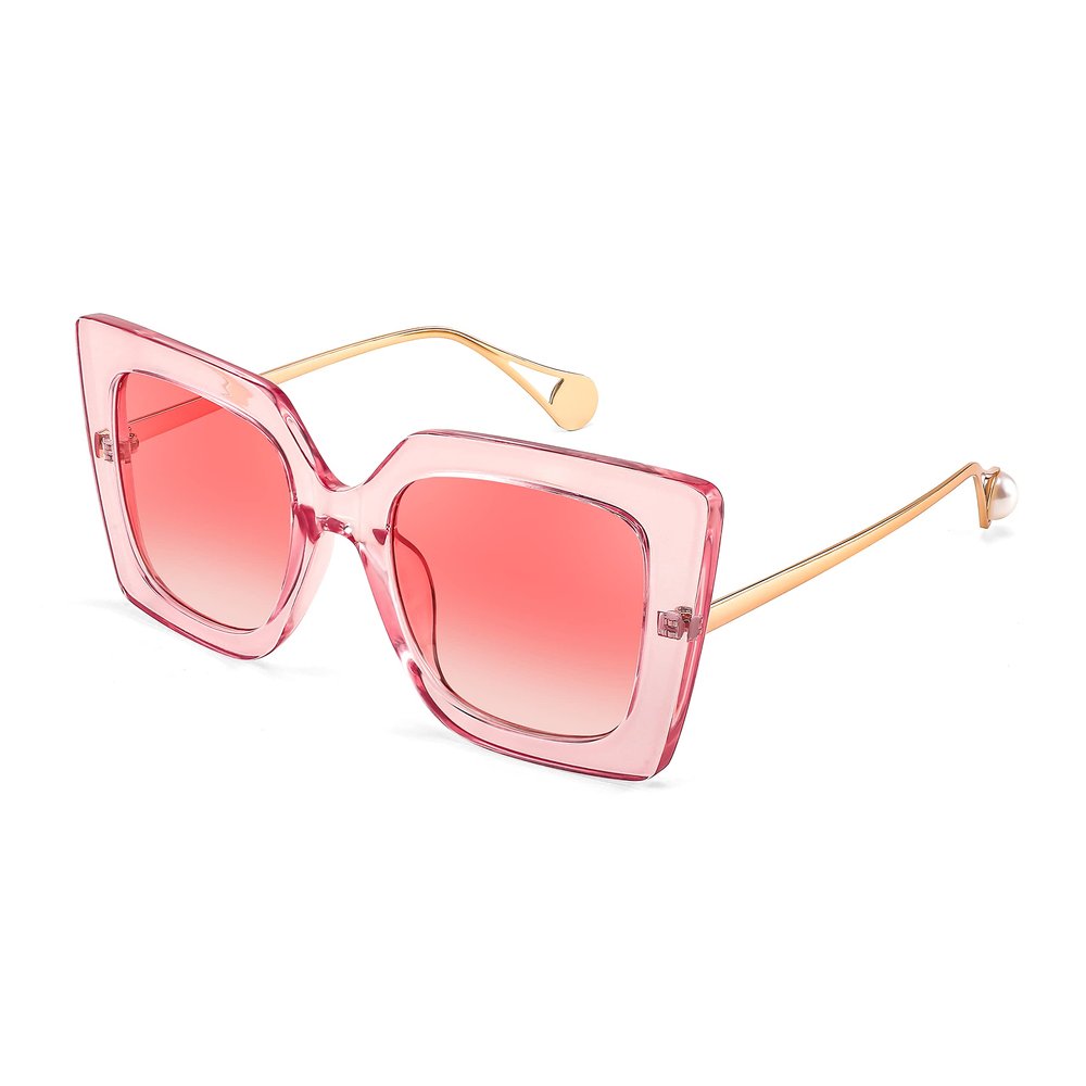 FEISEDY Sunglasses Womens Trendy, Oversized Square Shades, Pearl Inlay Cat Eye Frame UV400 Protection B2625,Clear Pink/Gradient Pink