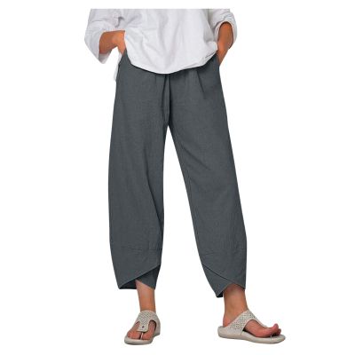 QWENTMTNTY Plus Size Capris Pants for Women Cotton Linen Wide Leg Casual Summer Comfy High Waisted Loose Crop Pants Pockets