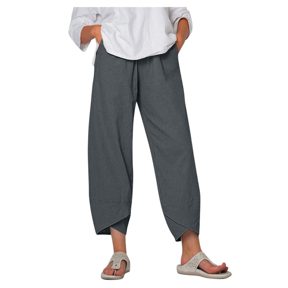 QWENTMTNTY Plus Size Capris Pants for Women Cotton Linen Wide Leg Casual Summer Comfy High Waisted Loose Crop Pants Pockets