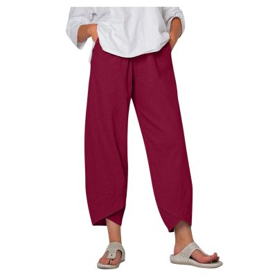 QWENTMTNTY Plus Size Capris Pants for Women Cotton Linen Wide Leg Casual Summer Comfy High Waisted Loose Crop Pants Pockets