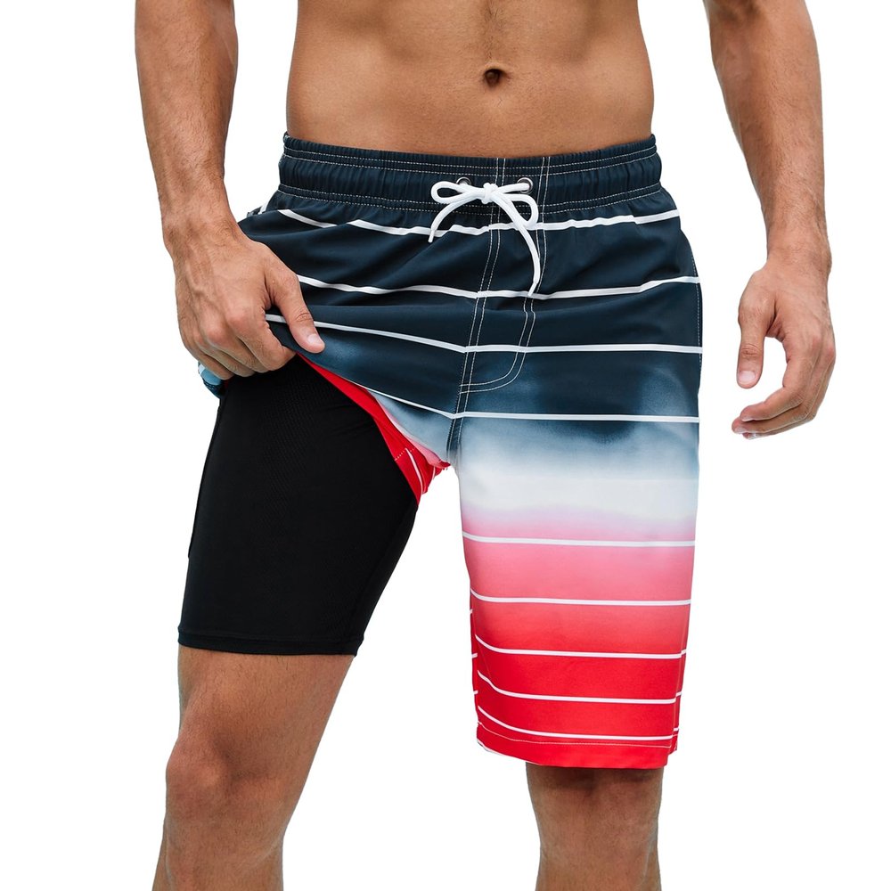 Arcweg Mens Swim Trunks with Compression Liner 9 inch 2 in 1 Shorts Big and Tall,Quick Dry, Black Gradient Red
