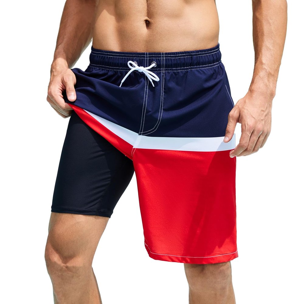 Arcweg Mens Swim Trunks with Compression Liner 9 inch 2 in 1 Shorts Big and Tall,Quick Dry, Dark Blue Red