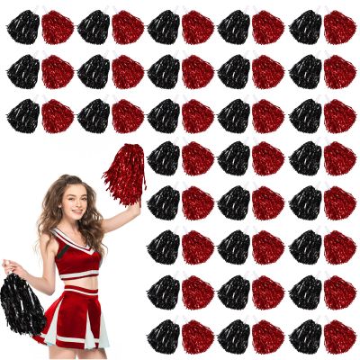 60 Pcs Cheerleading Pom Poms Cheer Pompoms Metallic Foil Pompoms with Plastic Handles for Cheering Squad Team Spirited Sports Dance(Black, Red)
