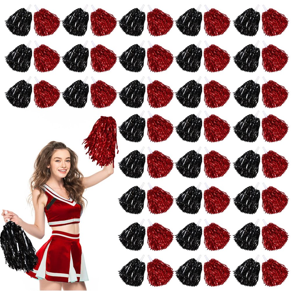 60 Pcs Cheerleading Pom Poms Cheer Pompoms Metallic Foil Pompoms with Plastic Handles for Cheering Squad Team Spirited Sports Dance(Black, Red)