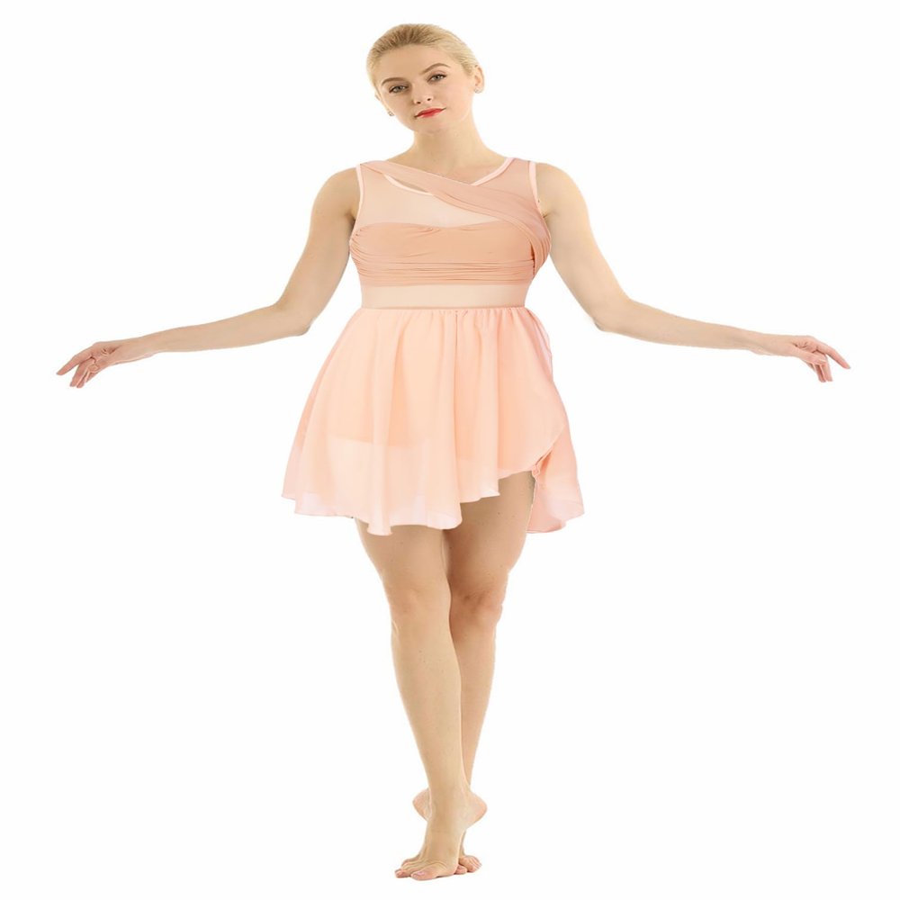 TiaoBug Women's Lyrical Dance Dress Asymmetric Chiffon Skirted Ballet Gymnastics Leotard Dress Pink X-Large