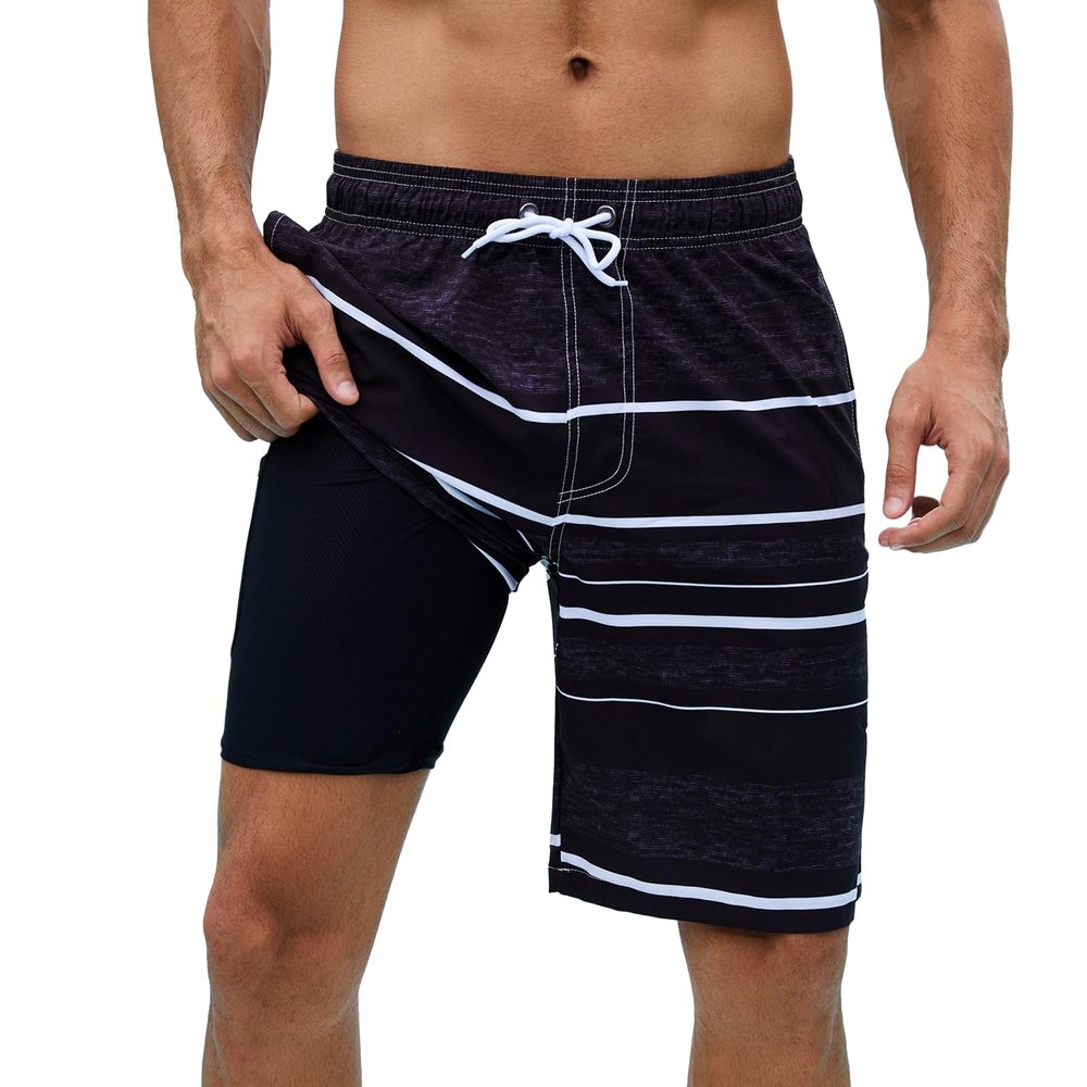 Arcweg Mens Swim Trunks with Compression Liner 9 inch 2 in 1 Shorts Big and Tall,Quick Dry, Black and Gray Stripes