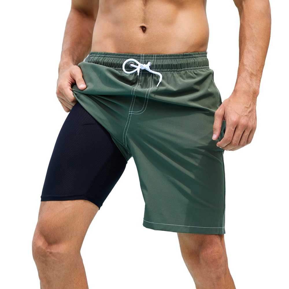 Arcweg Mens Swim Trunks with Compression Liner 9 inch 2 in 1 Shorts Big and Tall,Quick Dry, Army Green