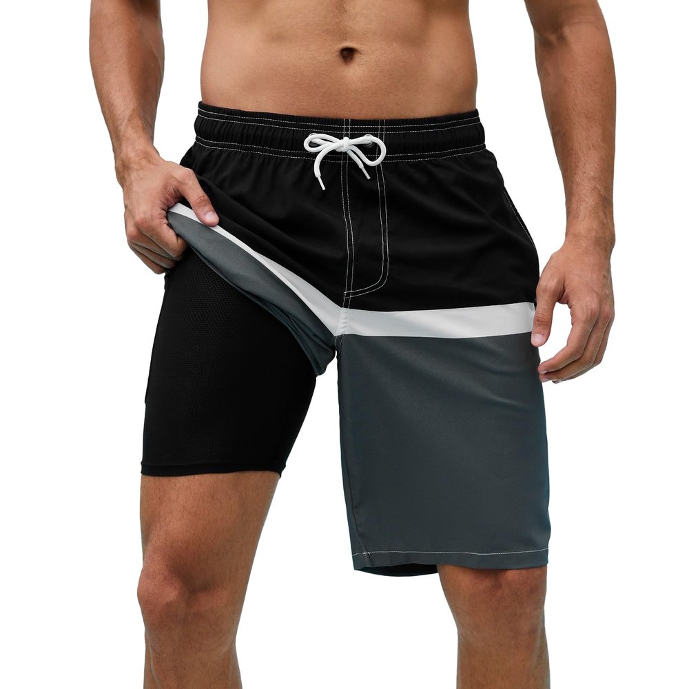 Arcweg Mens Swim Trunks with Compression Liner 9 Men Beach Board 2 in 1 Bathing Suit with Zipper Pockets, Quick Dry Black Gray