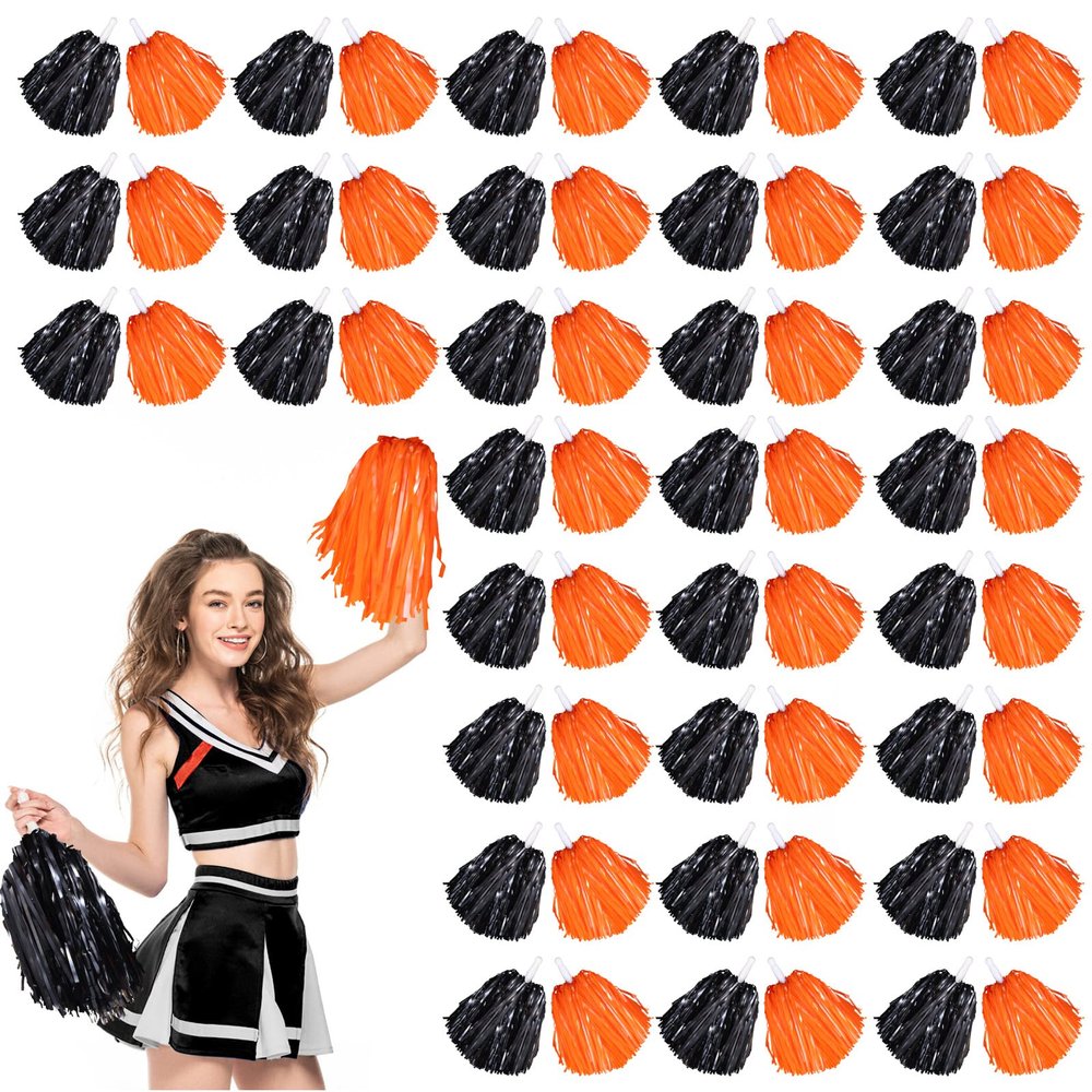60 Pcs Cheerleading Pom Poms Cheer Pompoms Metallic Foil Pompoms with Plastic Handles for Cheering Squad Team Spirited Sports Dance(Black, Orange)