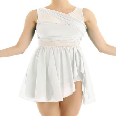 TiaoBug Women's Lyrical Dance Dress Asymmetric Chiffon Skirted Ballet Gymnastics Leotard Dress White Small