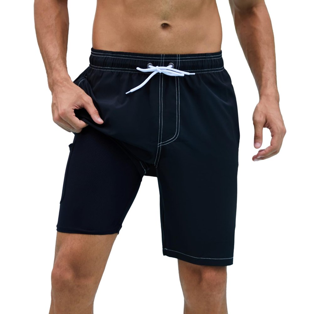 Arcweg Mens Swim Trunks with Compression Liner 9 inch 2 in 1 Shorts Big and Tall,Quick Dry, Black