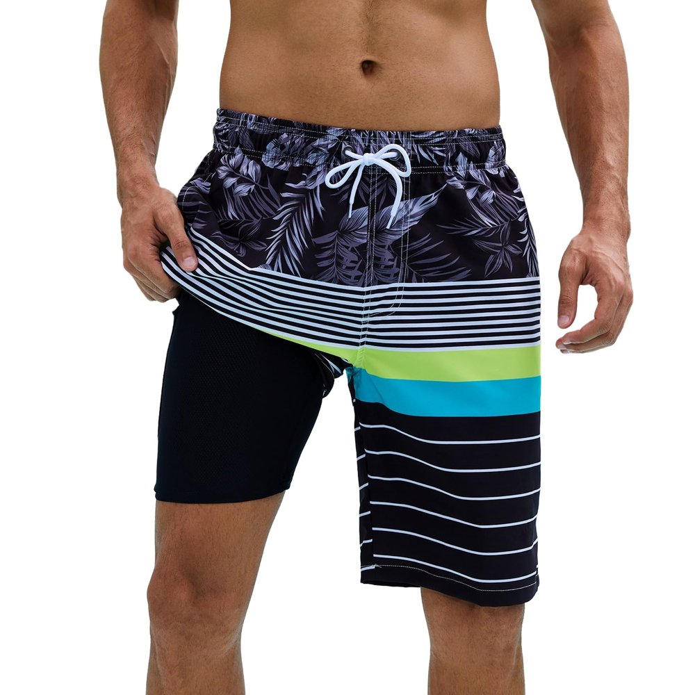 Arcweg Mens Swim Trunks with Compression Liner 9 inch 2 in 1 Shorts Big and Tall,Quick Dry, Black Stripe Printing