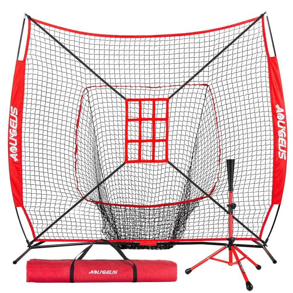 AOLIGEIJS 7'X7' Baseball Softball Practice Net,Pitching Net,Batting Net,with Baseball Tee,Bonus Strike Zone and Bow Frame,for Hitting,Pitching, Catching (Red Net + Red Tee)
