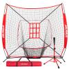 AOLIGEIJS 7'X7' Baseball Softball Practice Net,Pitching Net,Batting Net,with Baseball Tee,Bonus Strike Zone and Bow Frame,for Hitting,Pitching, Catching (Red Net + Red Tee) view 1