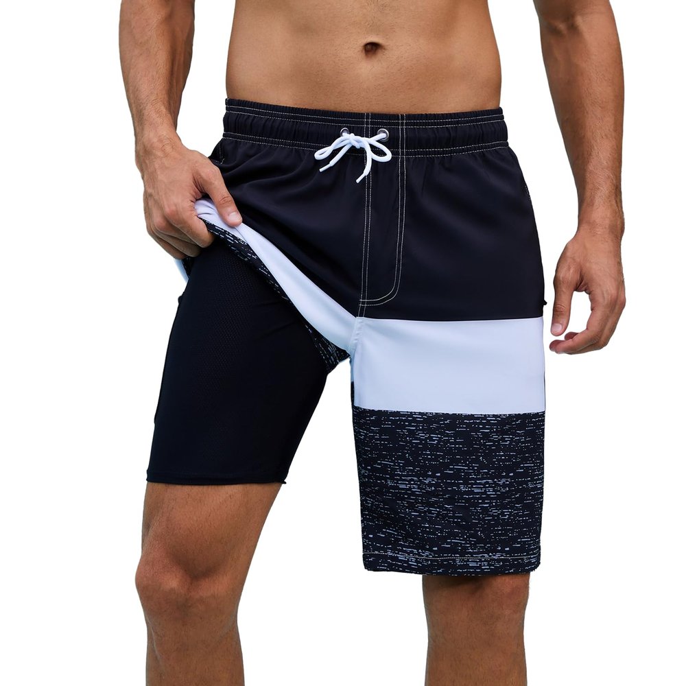 Arcweg Mens Swim Trunks with Compression Liner 9 inch 2 in 1 Shorts Big and Tall,Quick Dry, Black White Gray