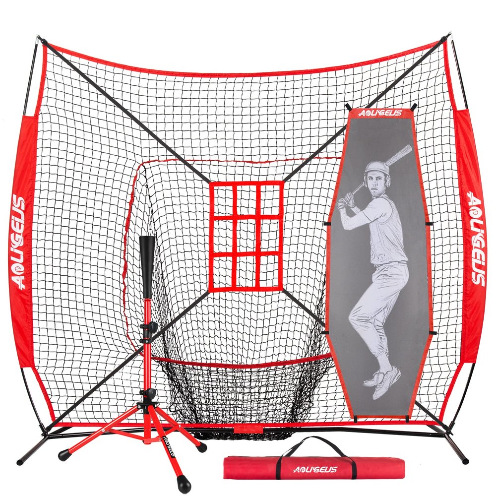 AOLIGEIJS 7'X7' Baseball Softball Practice Net with Tee, Bonus Strike Zone, Bow Frame - Red Net, Tee, Batter Dummy