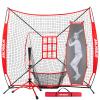AOLIGEIJS 7'X7' Baseball Softball Practice Net with Tee, Bonus Strike Zone, Bow Frame - Red Net, Tee, Batter Dummy view 1