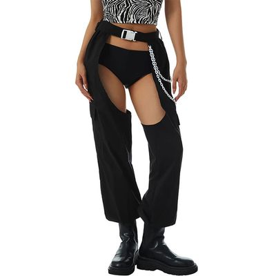 Assless Chaps for Women - Black Rave Pants with Belt, High Waist, Crotchless, Buckle Chain, Hollow Out, Streetwear Y2K EDM Festival UFO Dance Pants #2 S