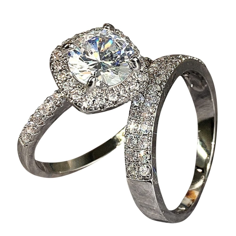 AIMAOMI 2pcs Women Engagement Ring Set Cubic Zirconia Bridal Wedding Band Square Cut Simulated Diamond Ring (A-Silver, 10)