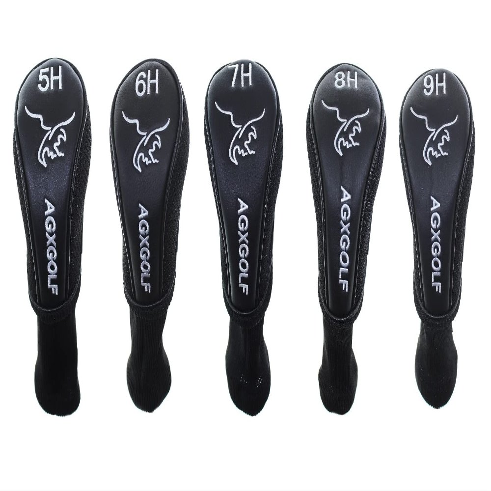 AGXGOLF Long Neck Head Covers for #5, 6, 7, 8 & 9 Hybrid Irons : Fits Left or Right Hand All Brands. Black w/White Embroidery; Keep Your Golf Clubs Safe