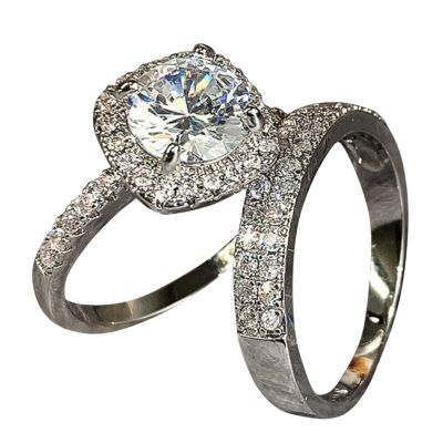 AIMAOMI 2pcs Women Engagement Ring Set Cubic Zirconia Bridal Wedding Band Square Cut Simulated Diamond Ring (A-Silver, 7)