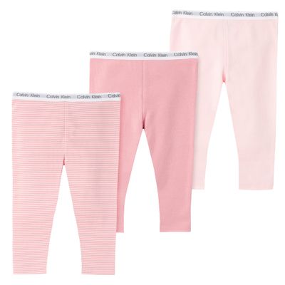 Calvin Klein Organic Baby Girls Essentials 3-Pack Cotton Pants, Everyday Casual Wear, Ultra-Soft & Comfortable Fit, Rosewater/Country Rose, 6-9 Montha