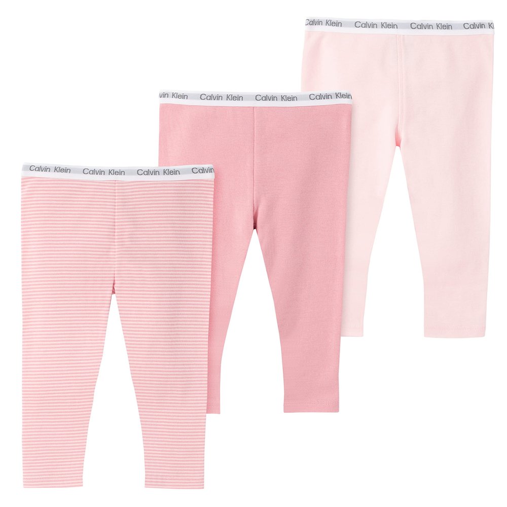 Calvin Klein Organic Baby Girls Essentials 3-Pack Cotton Pants, Everyday Casual Wear, Ultra-Soft & Comfortable Fit, Rosewater/Country Rose, 6-9 Montha