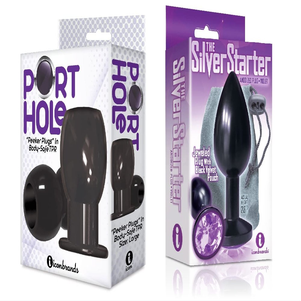 Sexy, Kinky Gift Set Bundle of Port Hole, Hollow Butt Plug, Black and Icon Brands The Silver Starter, Bejeweled Annodized Stainless Steel Plug, Violet