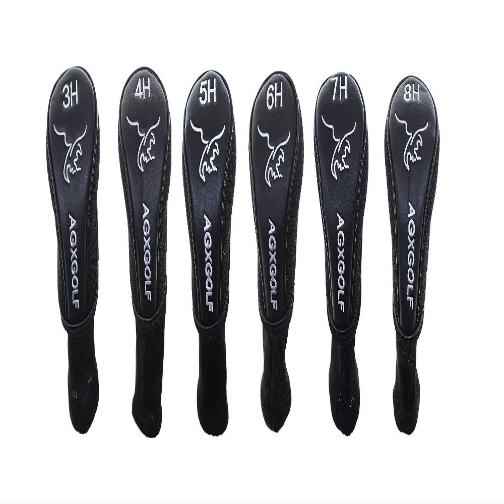 AGXGOLF Long Neck Head Covers for #3, 4, 5, 6, 7 & 8 Hybrid Irons : Fits Left or Right Hand All Brands. Black w/White Embroidery; Keep Your Golf Clubs Safe