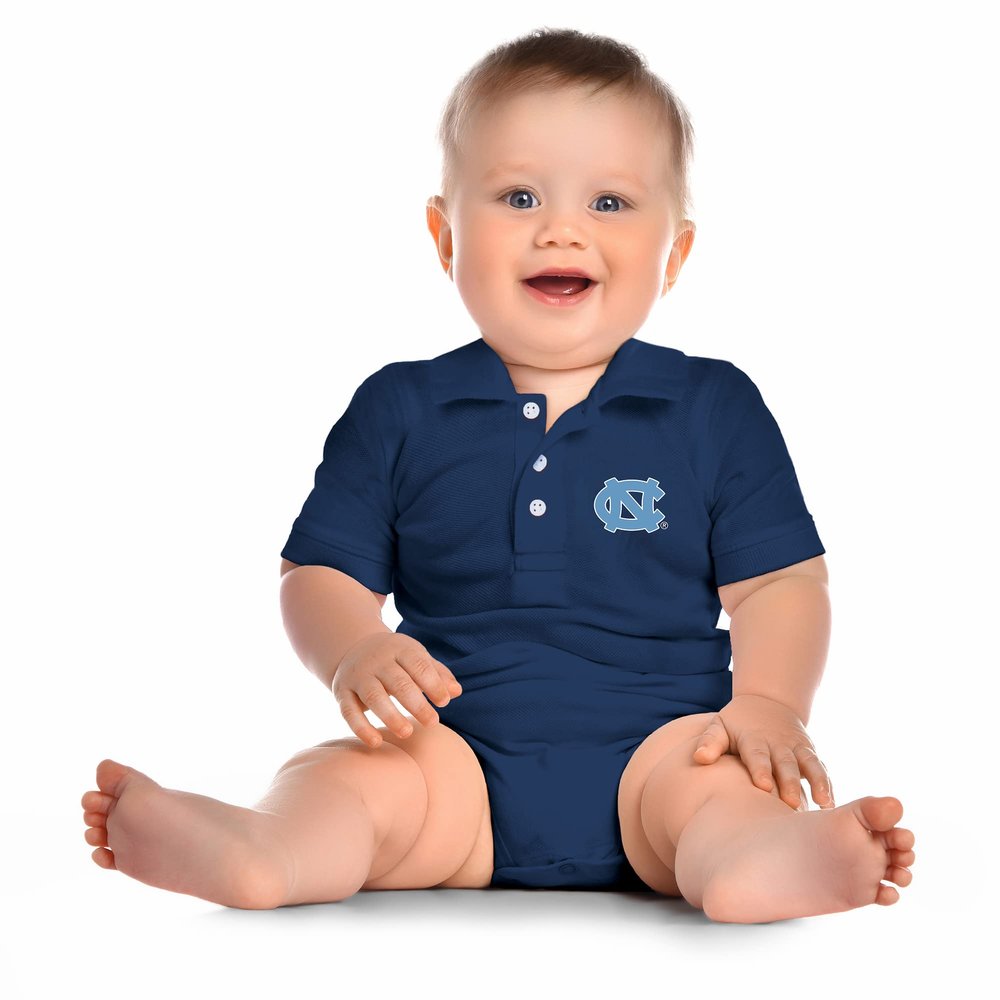 Little King NCAA Short Sleeve Polo Bodysuit Romper-North Carolina-Navy-12 Months