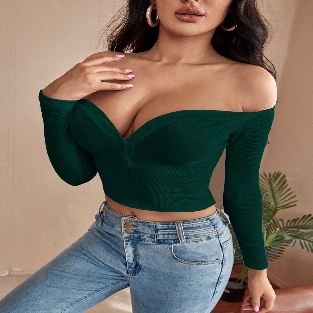 CRYBA Women's Shirts Women's Tops Shirts for Women Off The Shoulder Button Up Crop Skinny Top (Color : Dark Green, Size : Large)