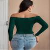 CRYBA Women's Shirts Women's Tops Shirts for Women Off The Shoulder Button Up Crop Skinny Top (Color : Dark Green, Size : Large) view 2