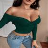 CRYBA Women's Shirts Women's Tops Shirts for Women Off The Shoulder Button Up Crop Skinny Top (Color : Dark Green, Size : Large) view 4