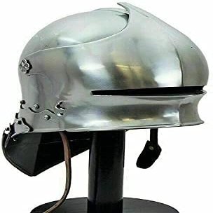 Medieval Knight German Sallet Helmet European Close Knight Armor SCA LARP Armour Silver, Regular with Wooden Stand