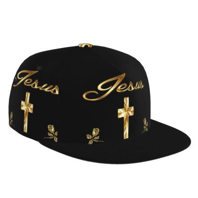 Jesus Christian Faith Cross Gold Flat Bill Brim Four-Sided Printing Baseball Cap Cool Hip Hop Trucker Hat Men Women Adjustable Baseball Caps