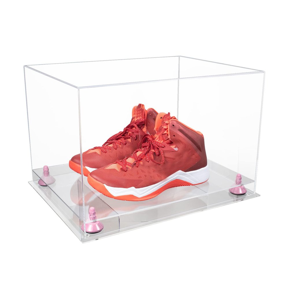 Better Display Cases Acrylic Extra Large Shoe Display Case for Basketball Shoe, Hightop, Soccer & Football Cleats with Clear Case, Pink Risers and Clear Base 18" x 14" x 12" (A014/V60)