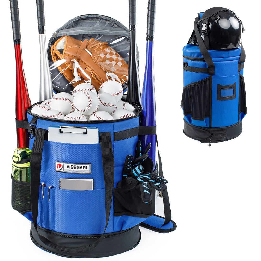 VIGERARI Baseball Bucket Bag- Coach Bag-Expandable Softball Bucket Organizer with Padded Seat-Coach Gifts-Training Equipment, Baseball Gear, Accessories