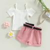 Infant Baby Girls' Clothes Sets Solid Color Button Top Rolled Hem Shorts Playwear Summer Outfit view 3