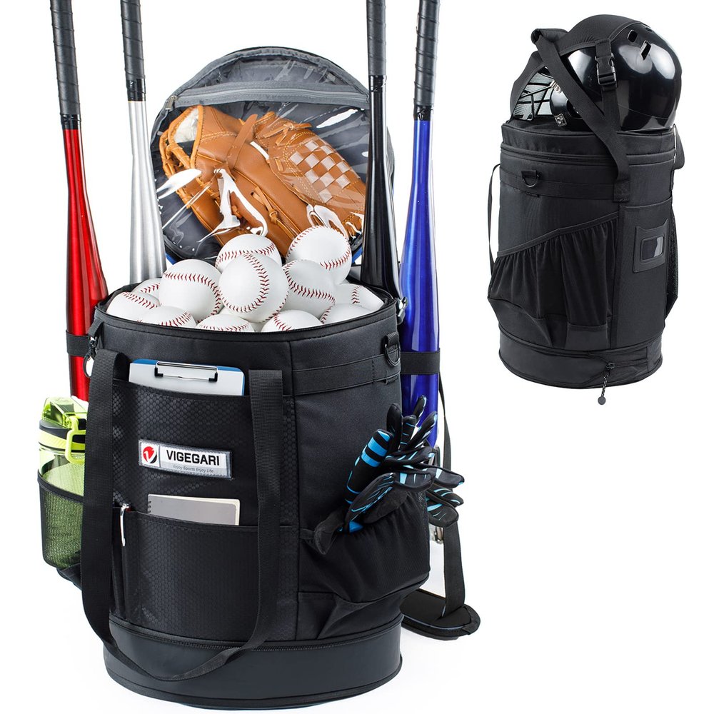 VIGERARI Baseball Bucket Bag- Coach Bag-Expandable Softball Bucket Organizer with Padded Seat-Coach Gifts-Training Equipment, Baseball Gear, Accessories