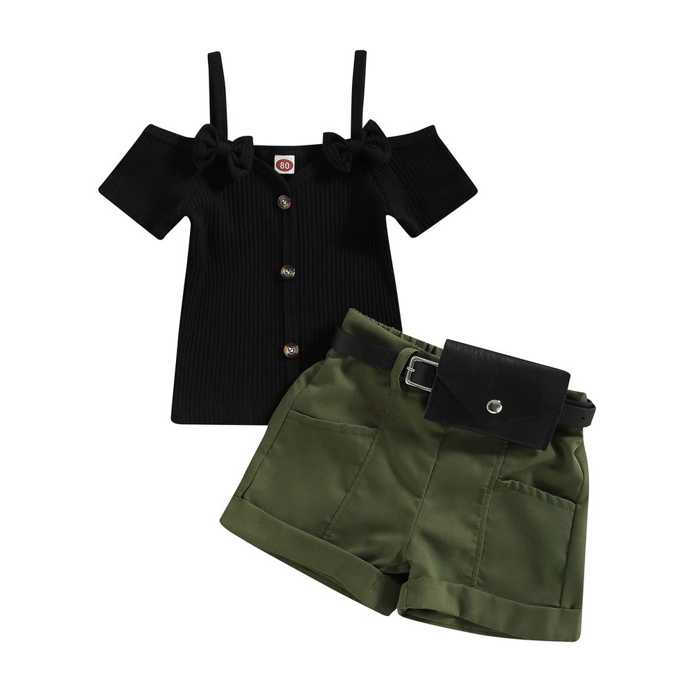 Infant Baby Girls' Clothes Sets Solid Color Button Top Rolled Hem Shorts Playwear Summer Outfit