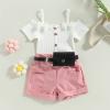 Infant Baby Girls' Clothes Sets Solid Color Button Top Rolled Hem Shorts Playwear Summer Outfit view 2