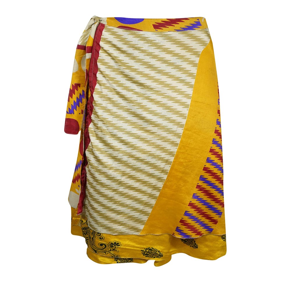 Women Long Wrap Skirt, Silk Sari Wrap Skirts, Yellow Beige Floral Print Reversible Skirts One Size