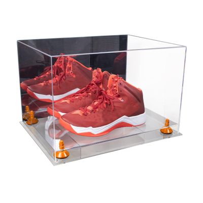 Better Display Cases Acrylic Extra Large Shoe Display Case for Basketball Shoe, Hightop, Soccer & Football Cleats with Mirror Case, Orange Risers and Clear Base 18" x 14" x 12" (A014/V60)