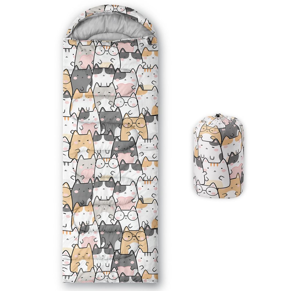 QOOMO Kawaii Cat Printed Camping Sleeping Bags,3 Season Warm & Cool Weather,Lightweight,Waterproof Sleeping Bags for Adults Kids Girls,Traveling,and Outdoors,Camping Gear Equipment,31x90inch