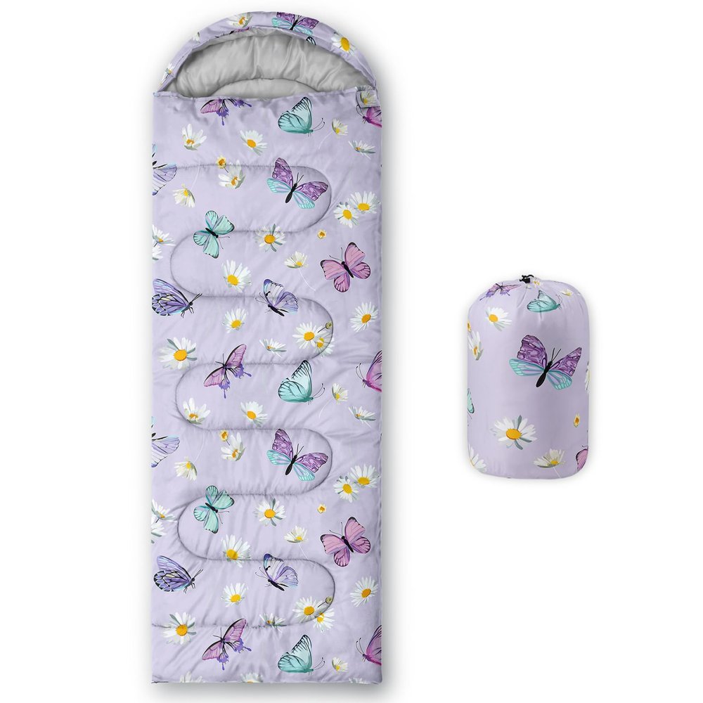 QOOMO Butterfly Printed Camping Sleeping Bags,3 Season Warm & Cool Weather,Lightweight,Waterproof Sleeping Bags for Adults Kids Girls,Traveling,and Outdoors,Camping Gear Equipment,31x90inch