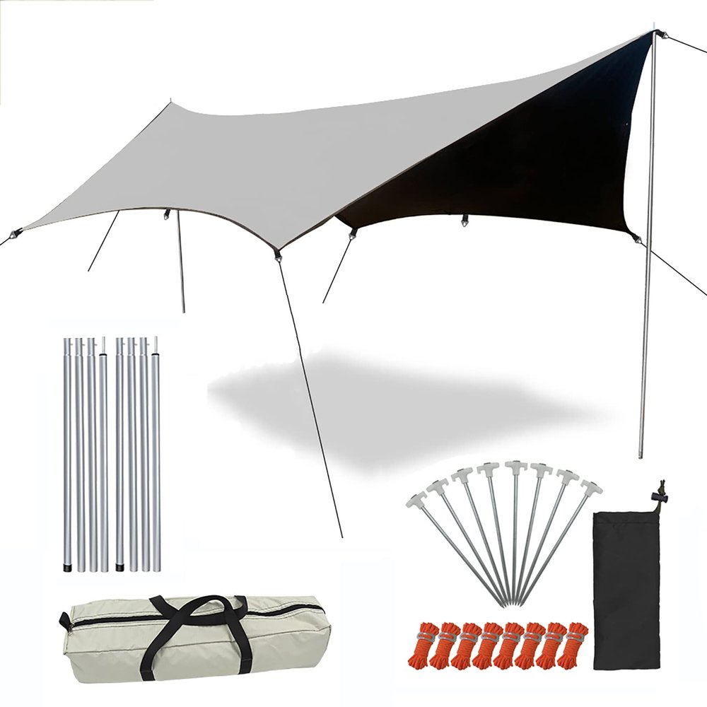 Camping Tent Tarp 16 x 15 ft Portable Hammock Rain Fly for Camping, Heavy Duty Waterproof Camping Tarp, Multifunctional Outdoor Camping Traveling Awning with Included Stakes and Carry Bag