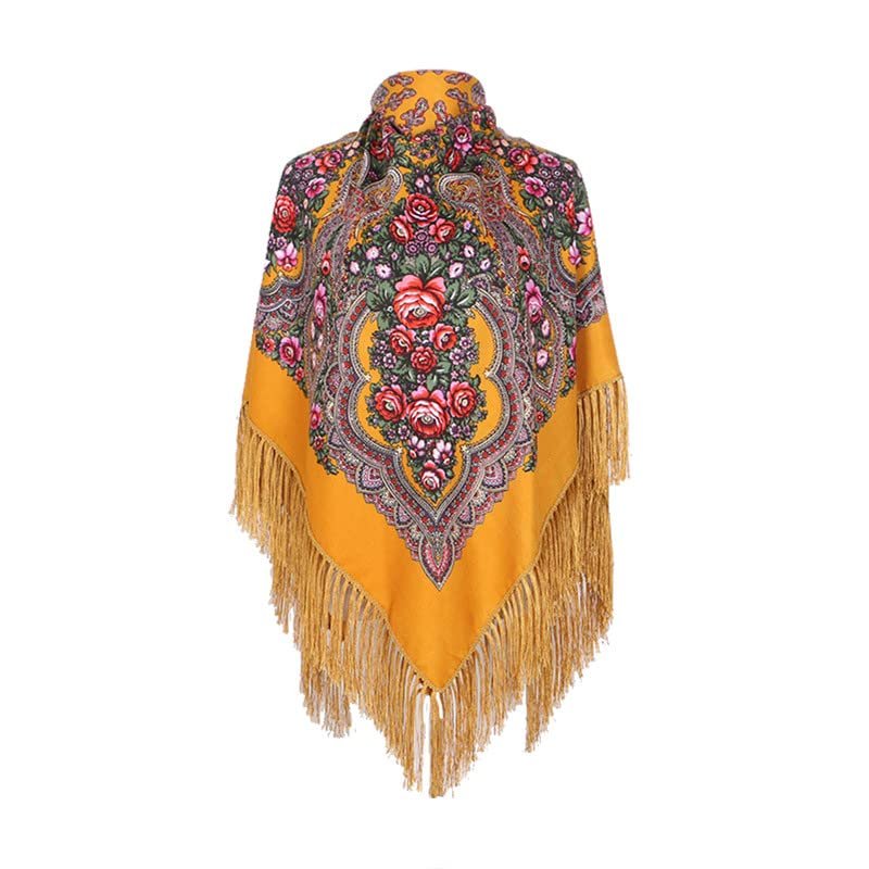 AUDME Oversized Women's Scarf Shawl Wrap Russian Babushka Traditional Retro Ukraine Style Printed tassels Square Scarfs51inx51in