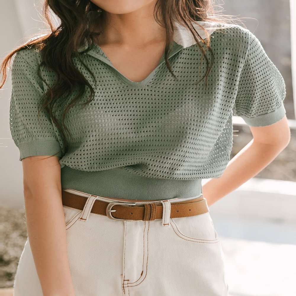 AIEBO Women's Shirts Women's Tops Shirts for Women Contrast Collar Pointelle Knit Top (Color : Mint Green, Size : Medium)